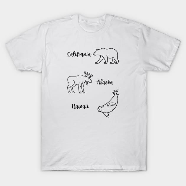 "California Alaska Hawaii" with state animal T-Shirt by MCsab Creations